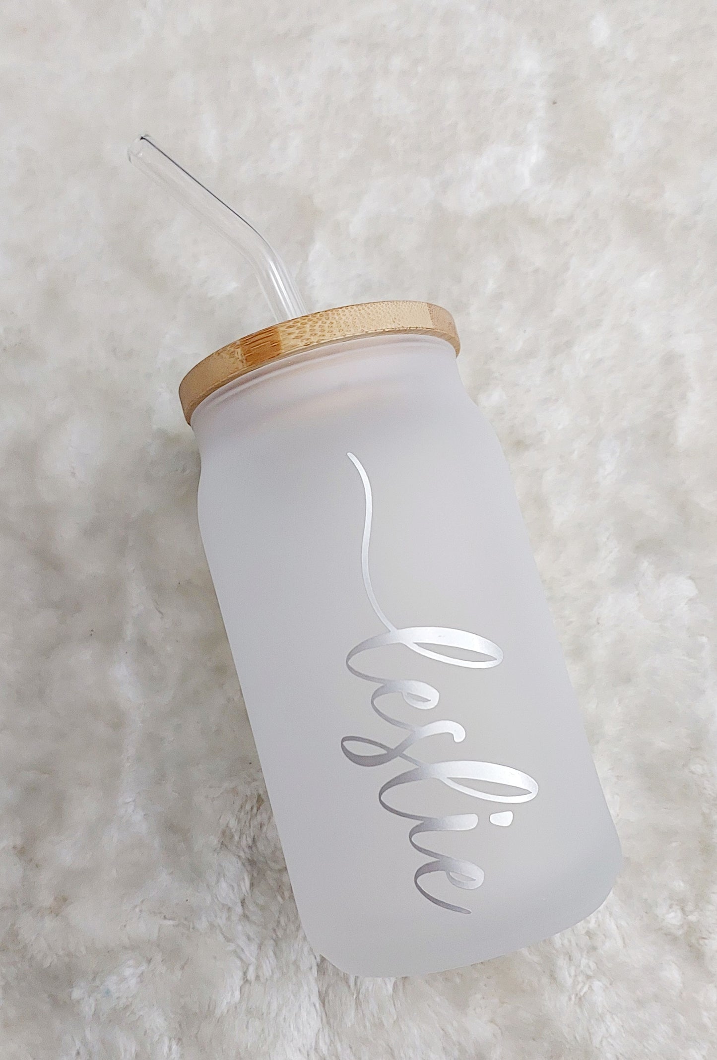 Glass Bottle with Straw and Bamboo Lid